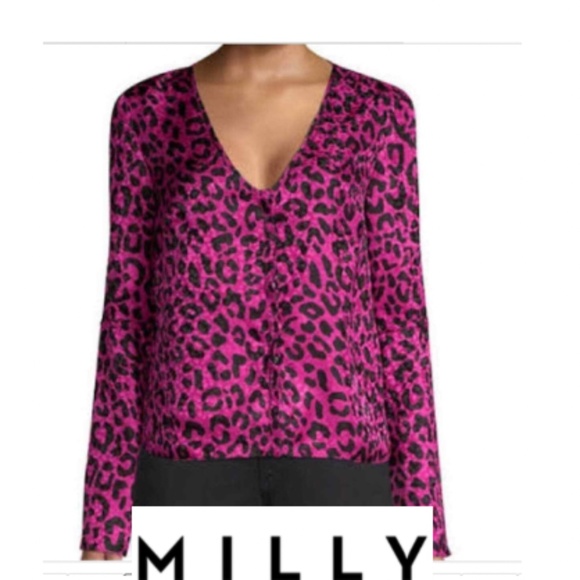 MILLY Leopard Print 100% Silk Fuchsia Blouse - Picture 1 of 8